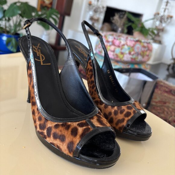 Saint Laurent Leopard Calf Hair Leather Slingback Platform Heels – Size 38 - Picture 3 of 11